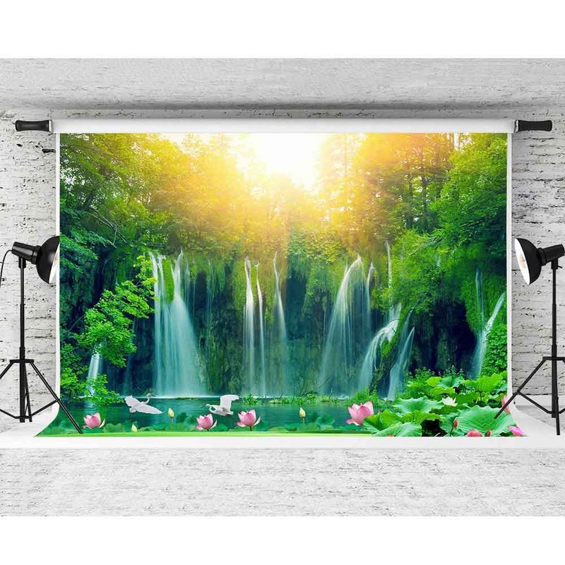 FHZON 10x7ft Waterfall Backgrounds for Photography Green Trees Forest Lotus Lake Sunshine Backdrop Travel Picture Wallpaper Decoration Photo Booth Video Prop TMFH021 - Image 4